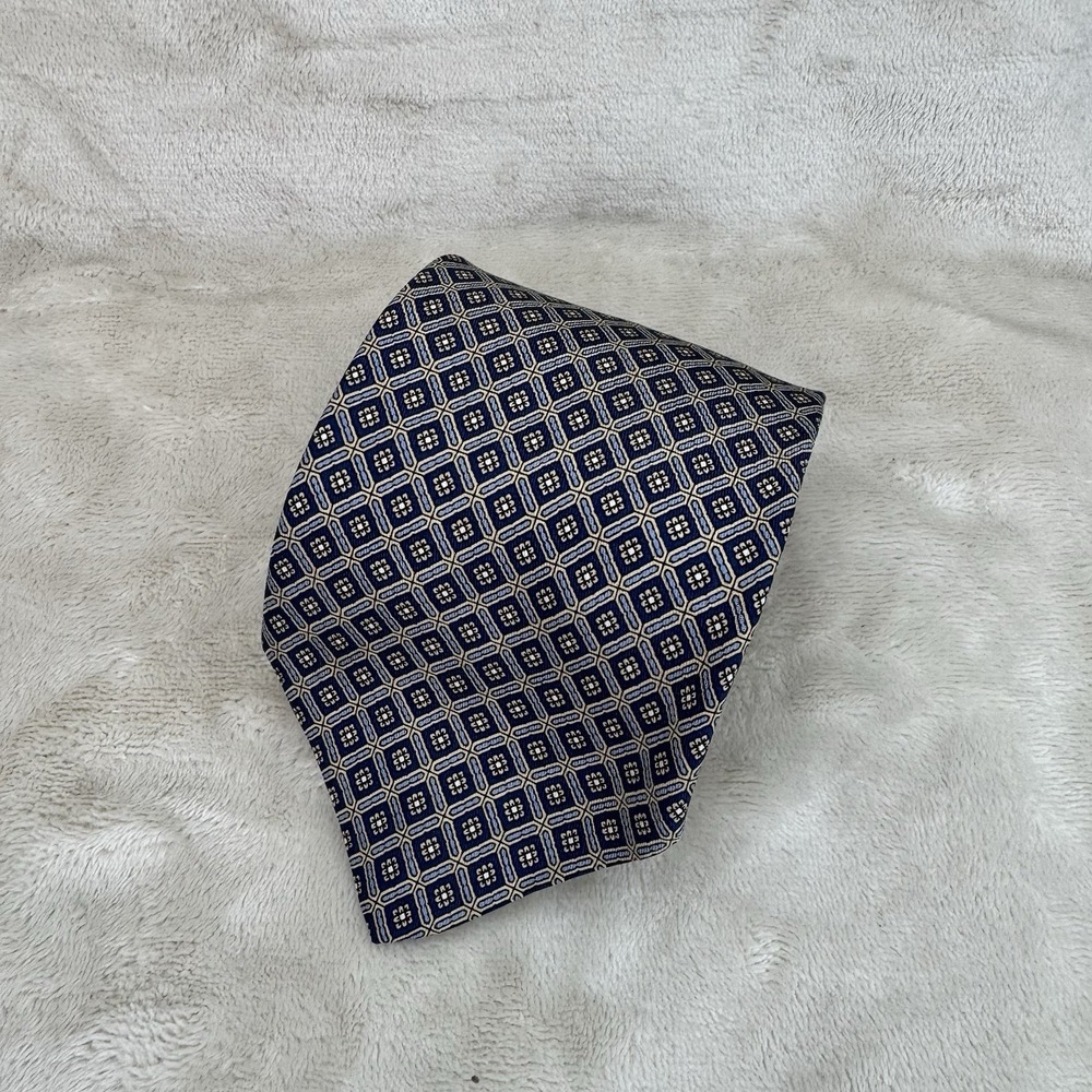 Brooks Brothers Makers All Silk Necktie Tie Blue Geometric Made in USA